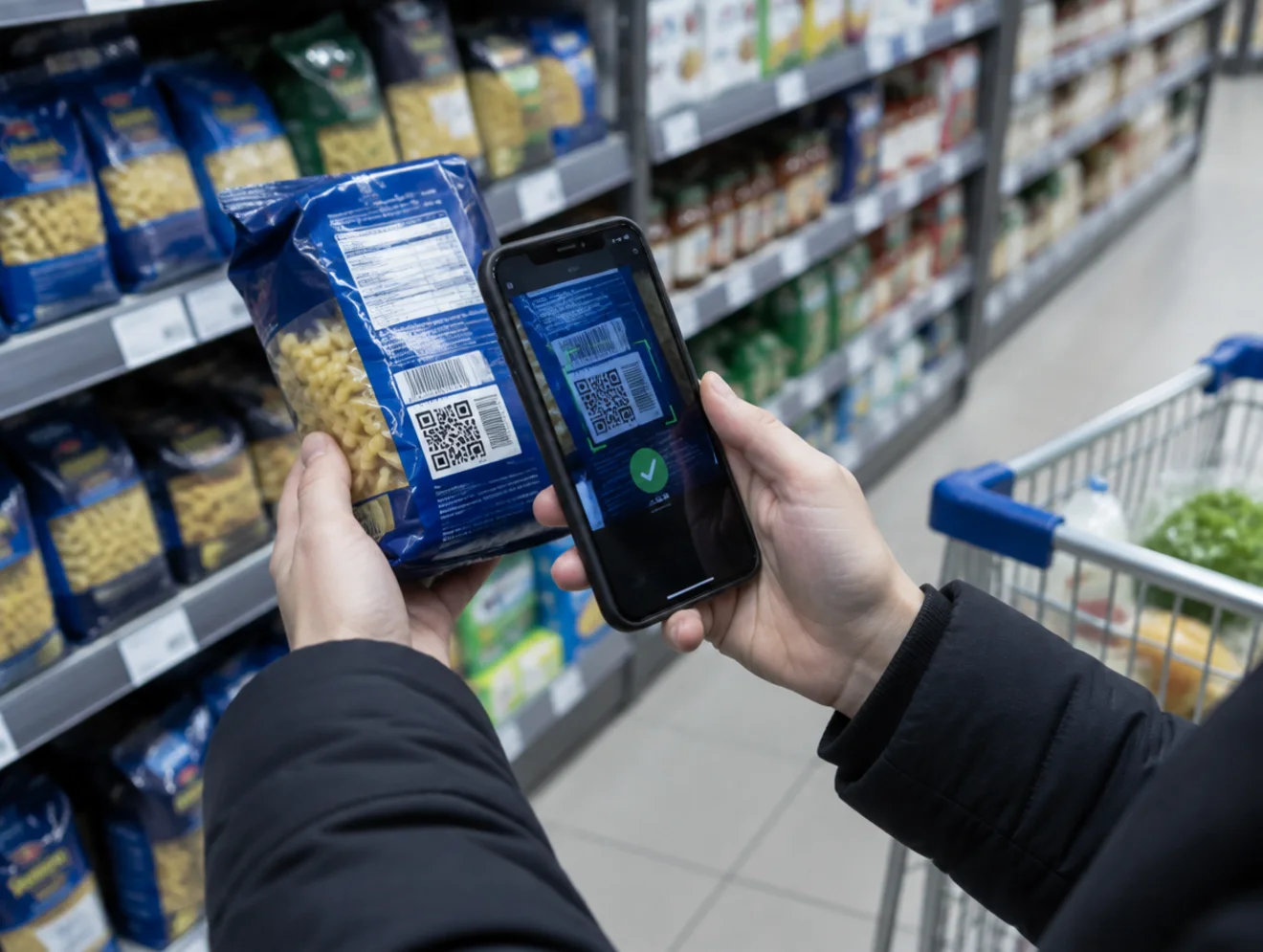 Market rafında ürün üzerindeki kodun telefonla okutulması
